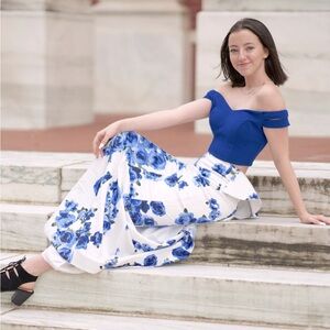 royal blue, mermaid style, floral prom dress